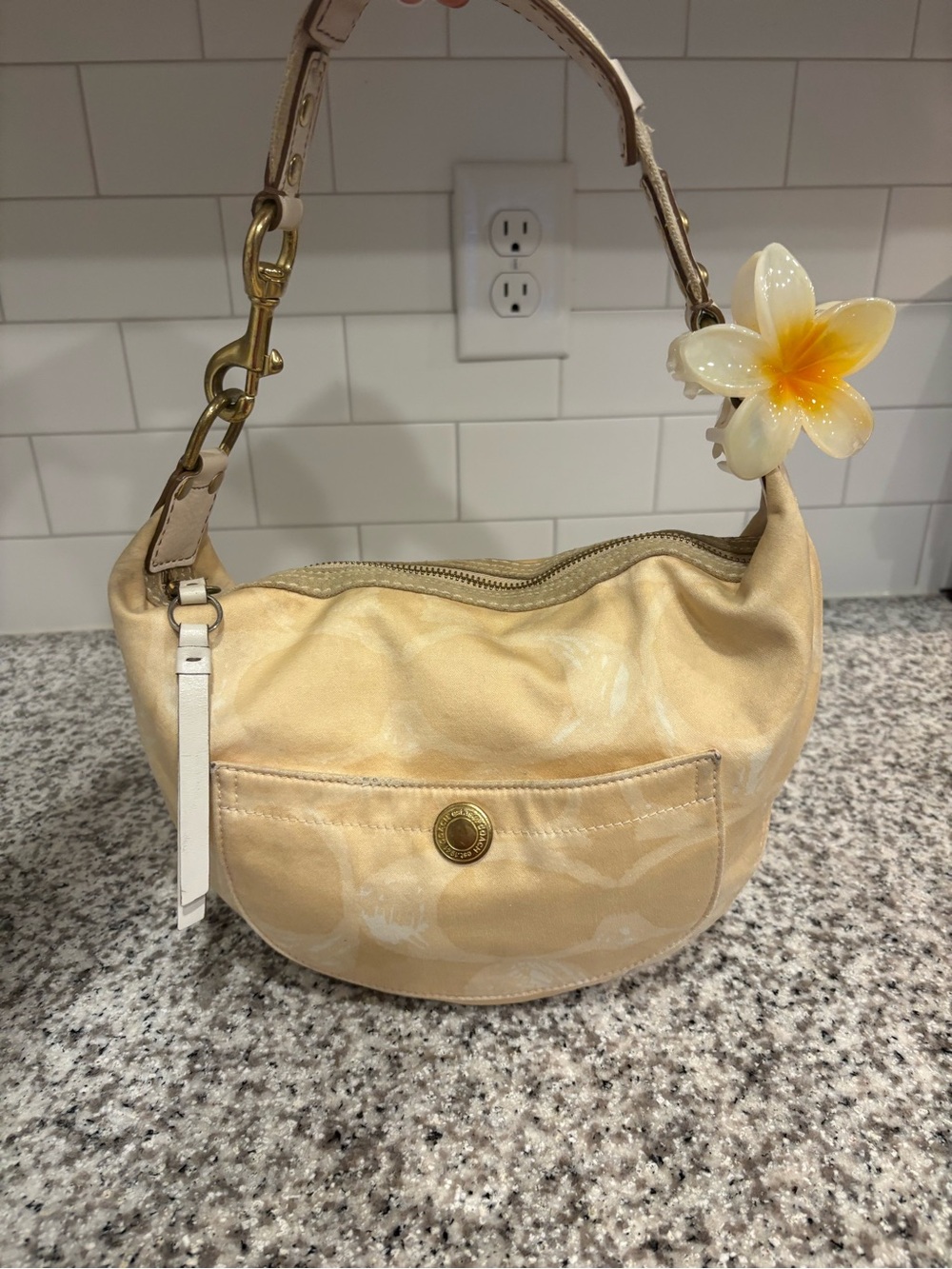 Coach Cream Floral-Print Shoulder Bag with Gold Hardware